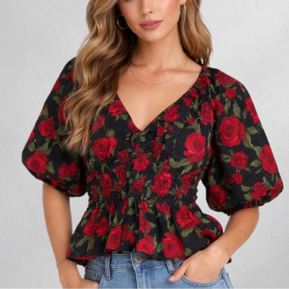 Old Navy Black Red Rose Floral Peplum Top Puff Sleeve Size M Cotton